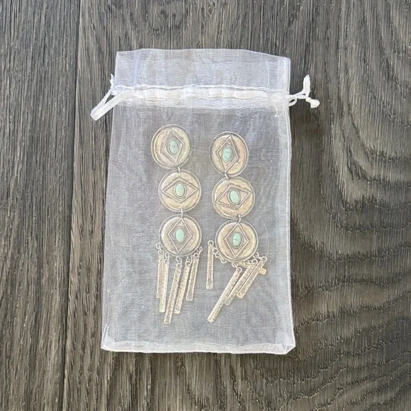 The 2Bandits Stainless Steel And Turquoise Howlite Concho Feather Drop Earring - Picture 7 of 7